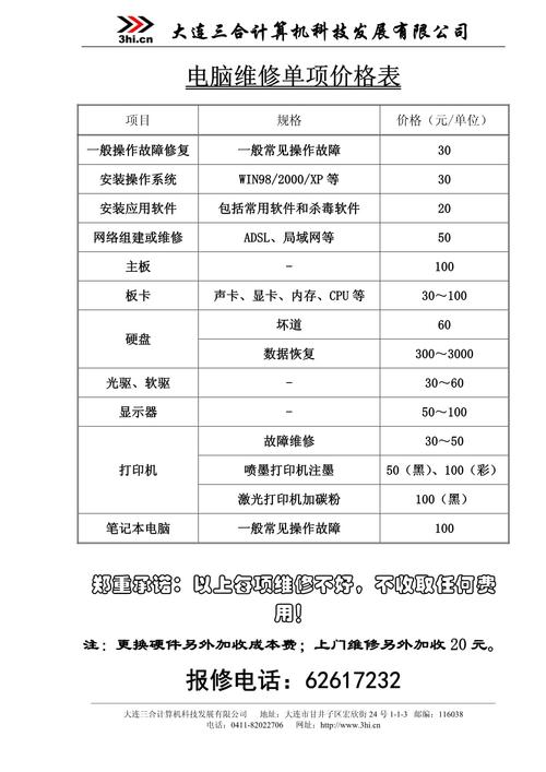 電腦維修合同，電腦維修清單及價格明細